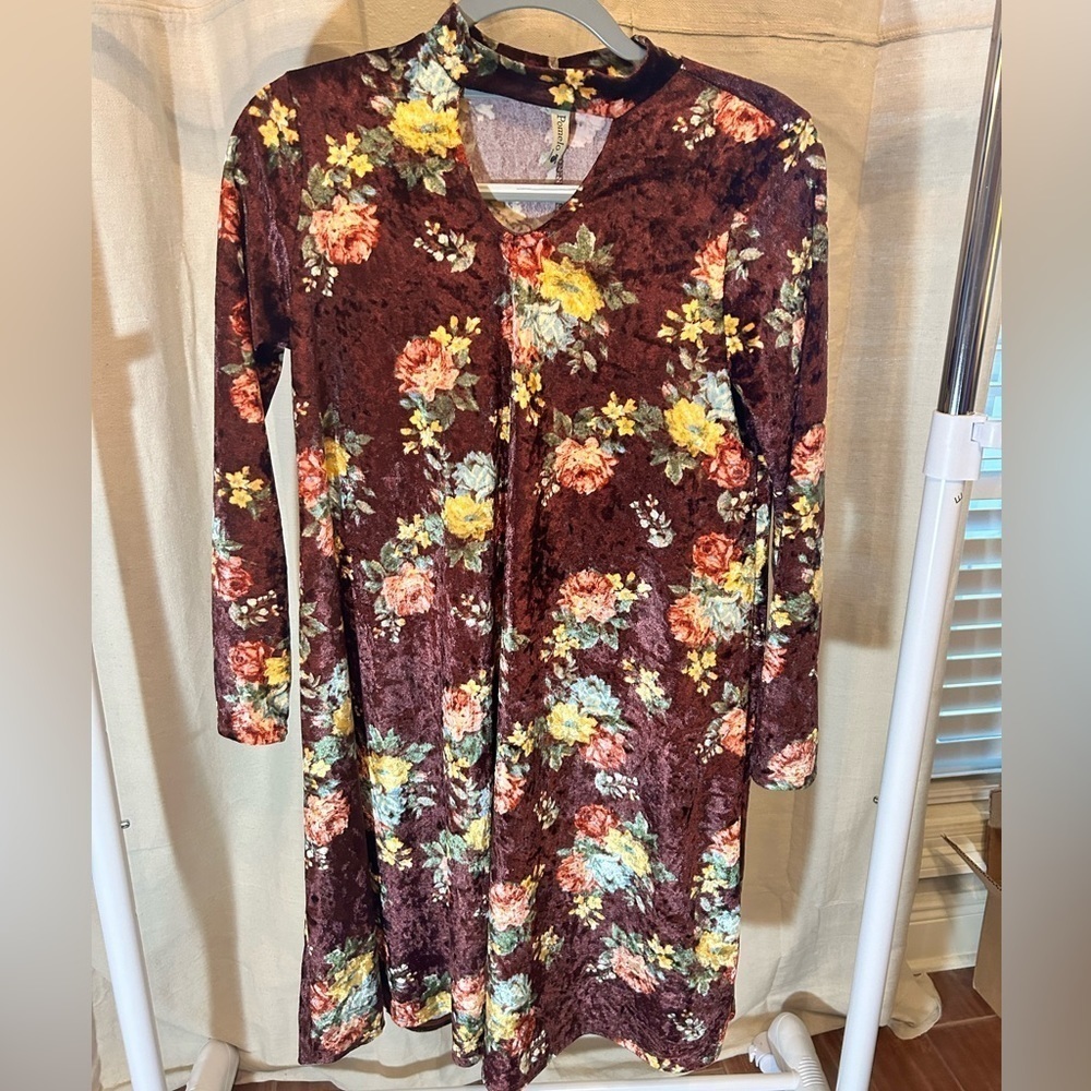 Pomelo Velour Dress Womens Size Small Medium Floral Mid Length Red Long Sleeve